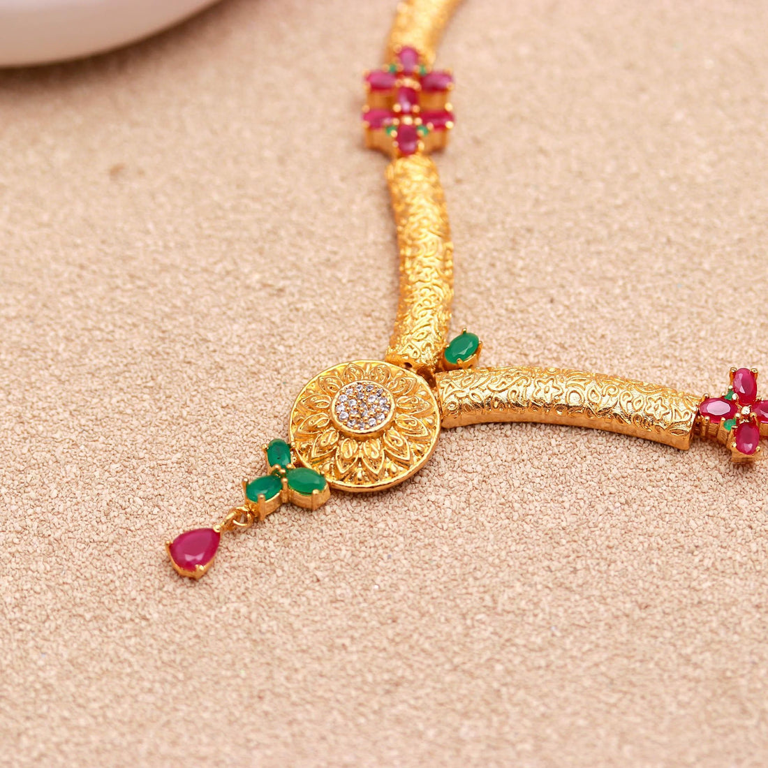 Matt Gold Polish Necklace Set with Ruby - Emerald | 22K Gold Plated Brass | Handmade South Indian Bridal Necklace & Earrings |Gift For Her — 4