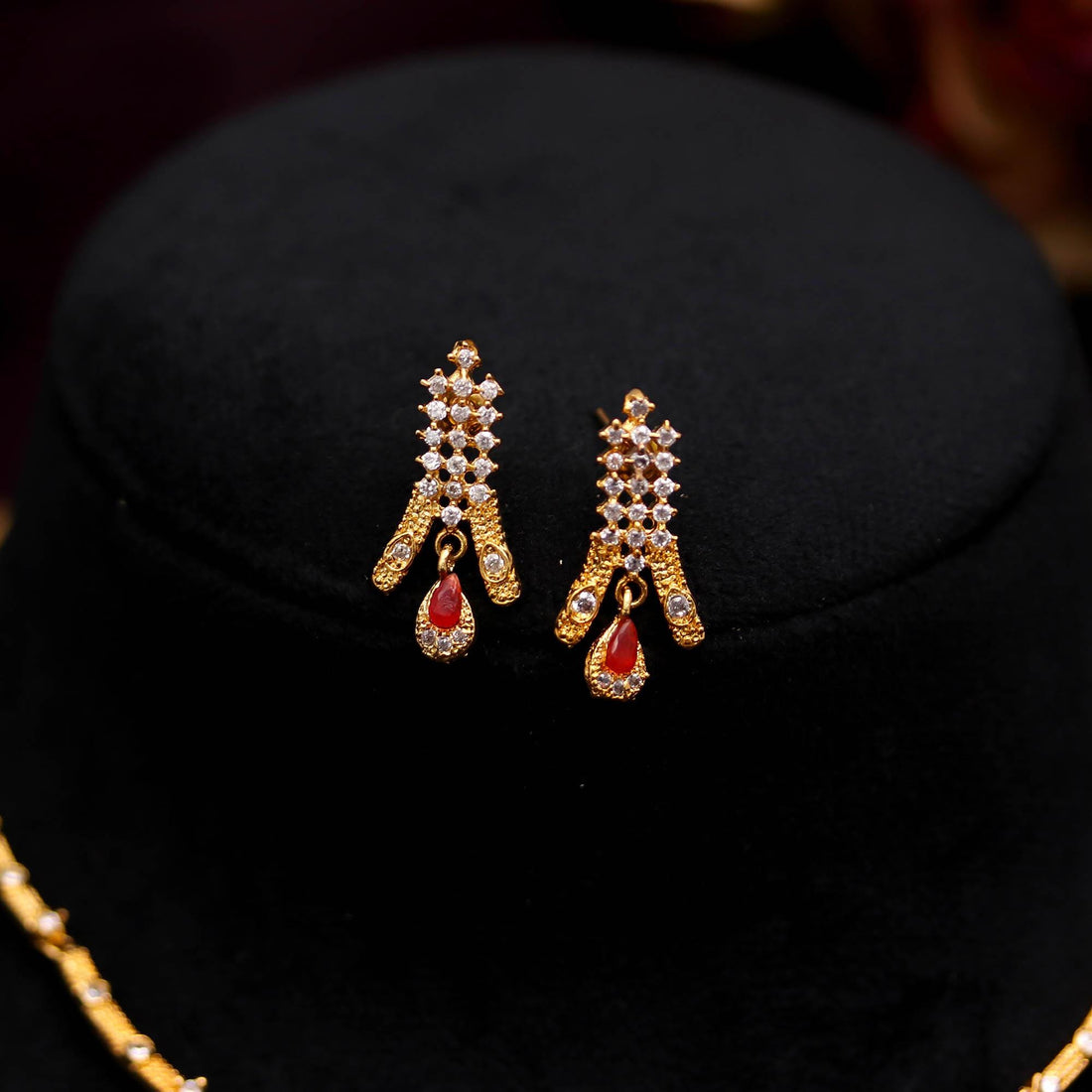 22K Gold Plated Brass Ruby & CZ Gold Necklace Set | Pear Shape Stone Necklace | Traditional Indian Bridal Jewelry |Gift For Her — 2
