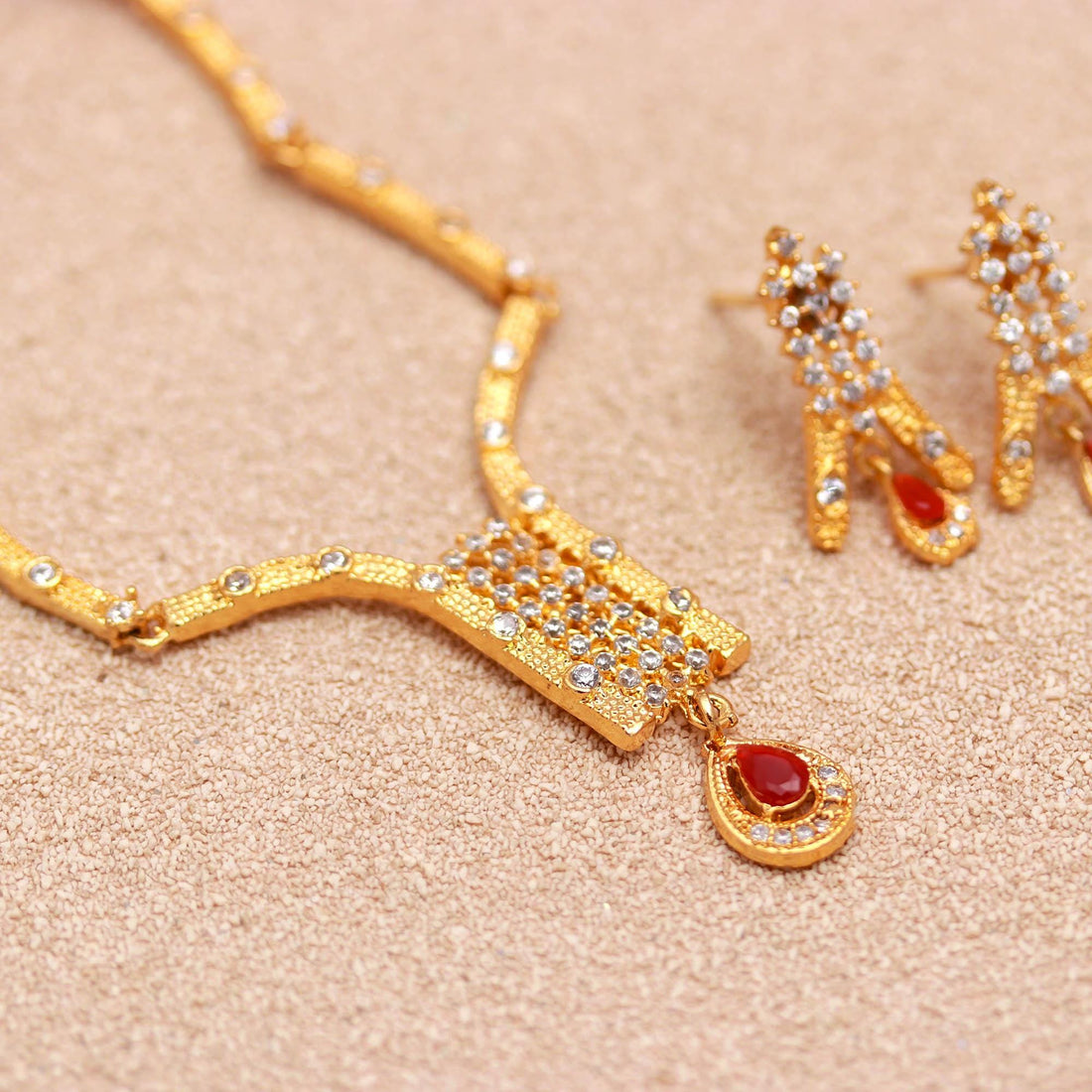 22K Gold Plated Brass Ruby & CZ Gold Necklace Set | Pear Shape Stone Necklace | Traditional Indian Bridal Jewelry |Gift For Her — 4