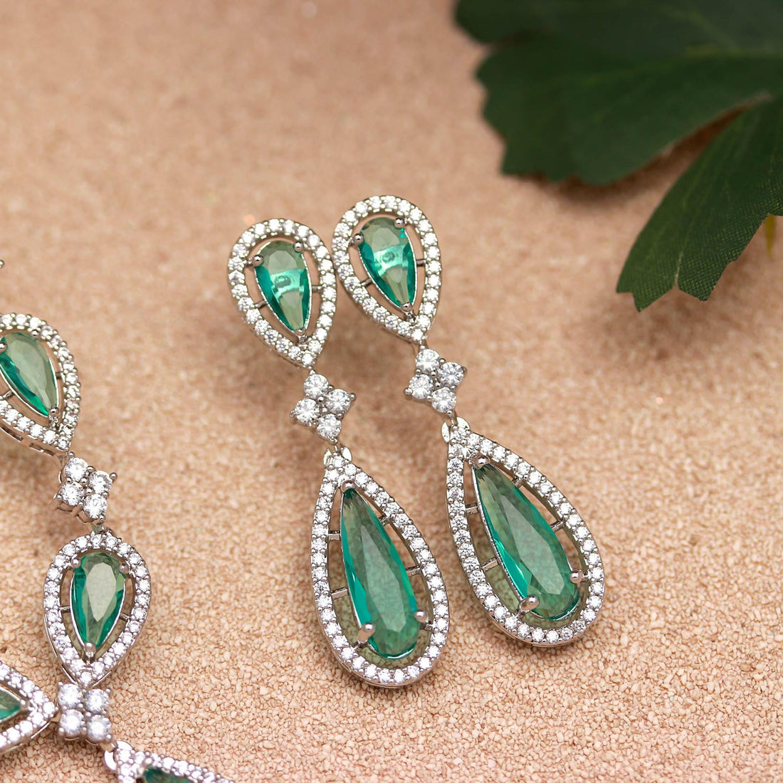 Premium Emerald Necklace Set | 18K White Gold Plated Brass | Pear Shape Lab Grown Colombian Emerald | Adjustable Bridal Jewelry — 5