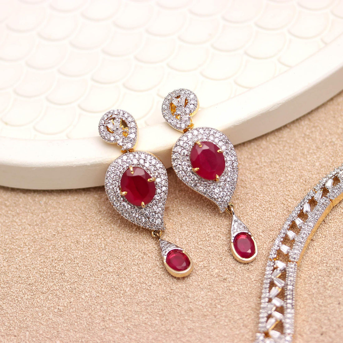 22K Gold Plated Ruby CZ Necklace Set | Oval Design Brass Jewelry | Adjustable Chain | Indian Bridal Jewelry | Gift For Her — 5