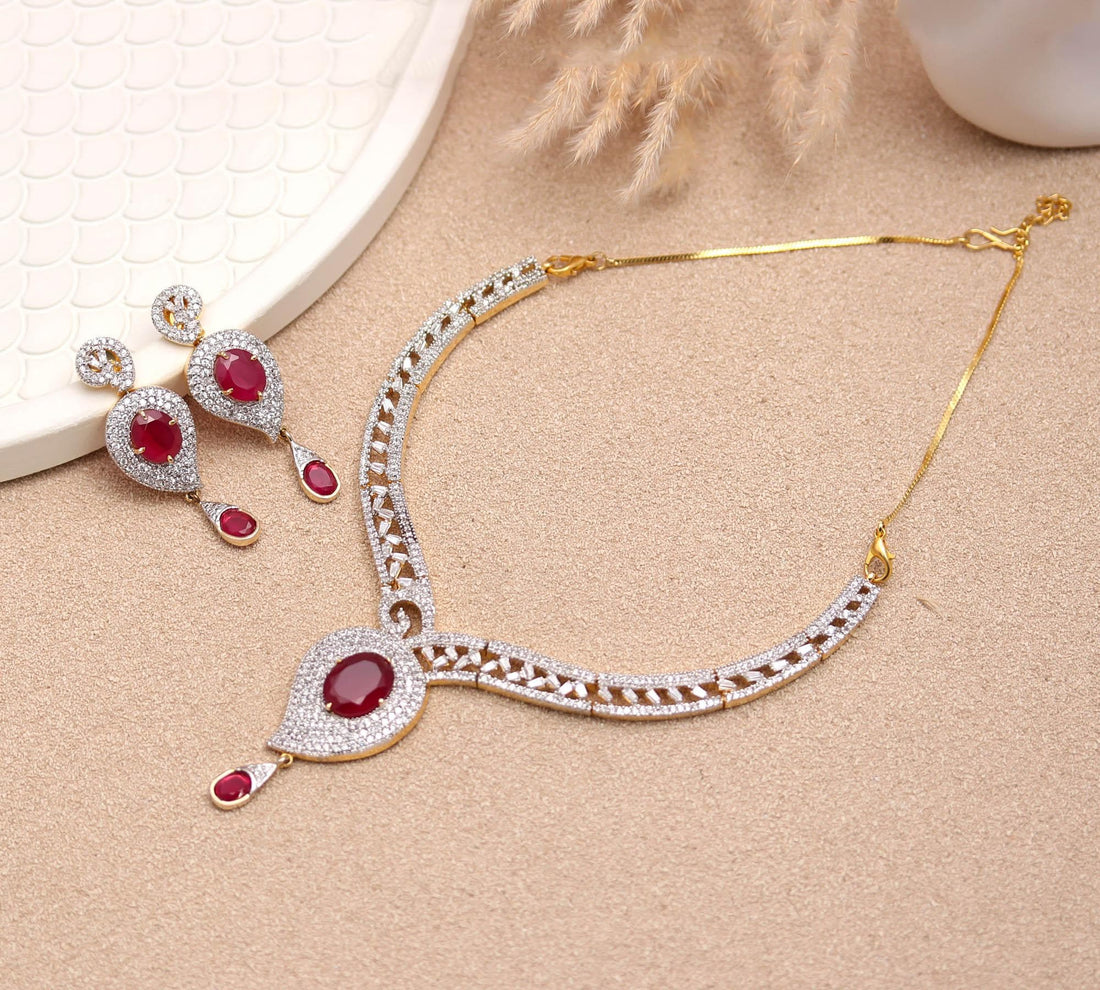 22K Gold Plated Ruby CZ Necklace Set | Oval Design Brass Jewelry | Adjustable Chain | Indian Bridal Jewelry | Gift For Her — 3