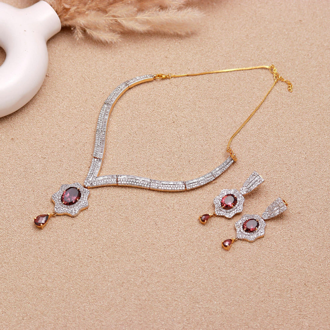 22K Gold Plated Rhodolite Cubic Zirconia Diamond Necklace Set | Gemstone Bridal Necklace | Wedding Party Wear Necklace | Gift for Her — 3