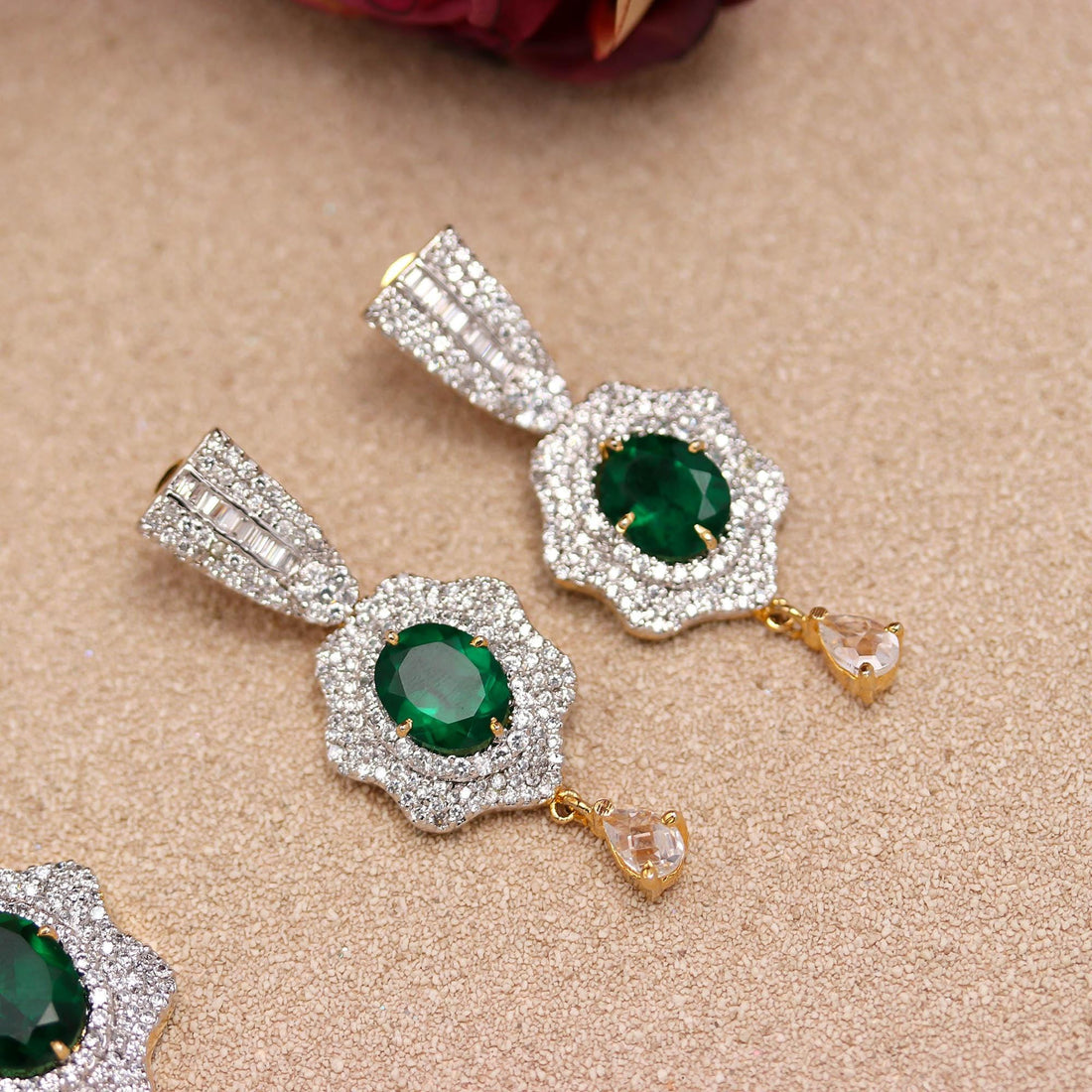 22K Gold Plated Brass Emerald V Shape Diamond CZ Necklace Set | Adjustable Statement Jewelry | Gift For Her | Party Wear Necklace — 5