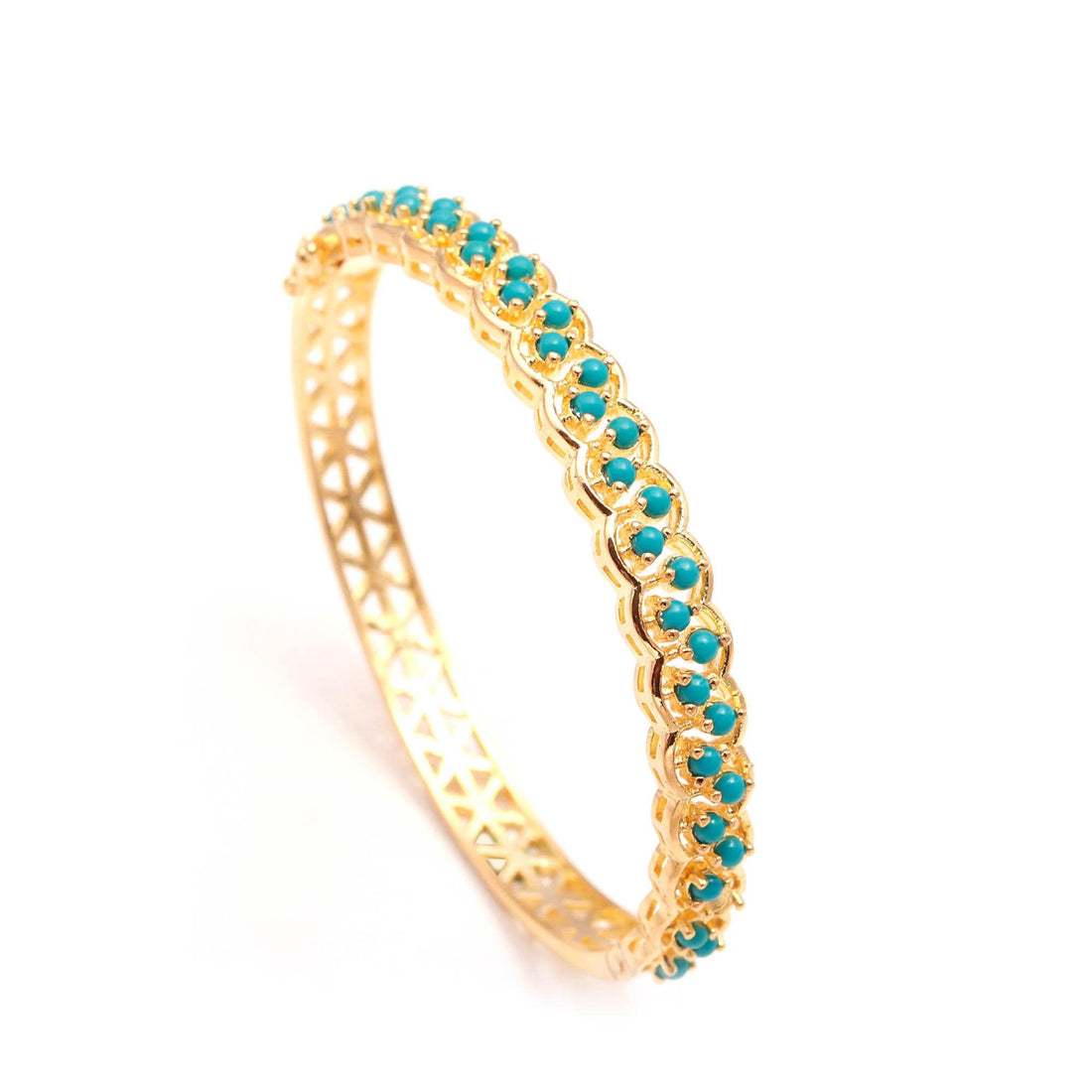 Turquoise Blue Adjustable Openable Bracelet for Women | 22K Gold Plated Brass Round Emerald Stone Bracelet | Kada Bangle | Gift for Her — 3