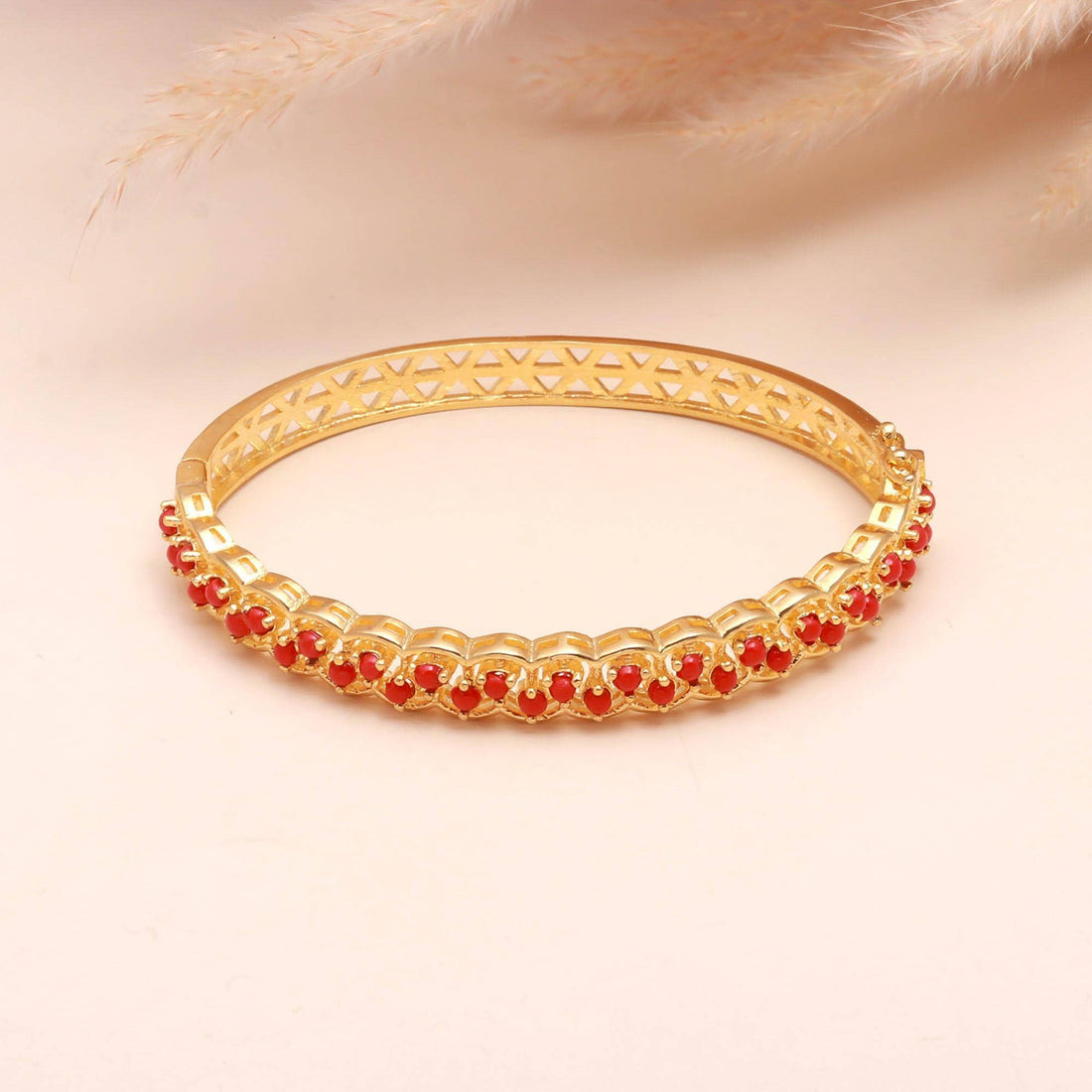 Coral Red Adjustable Gold Bracelet | 22K Gold Plated Brass Coral Jewelry | Bridal Wear Wedding Bracelet Gift For Her | Traditional Jewelry — 1