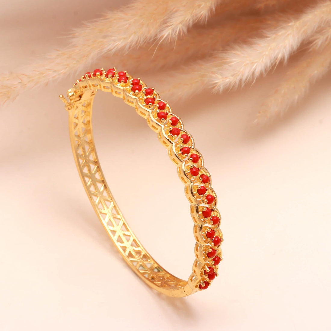 Coral Red Adjustable Gold Bracelet | 22K Gold Plated Brass Coral Jewelry | Bridal Wear Wedding Bracelet Gift For Her | Traditional Jewelry — 2