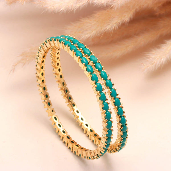 22K Gold Plated Blue Turquoise Pear Shape Bangle | Brass Gemstone Single Line Bangle | South Indian Wedding Jewelry | Bridal Bangle