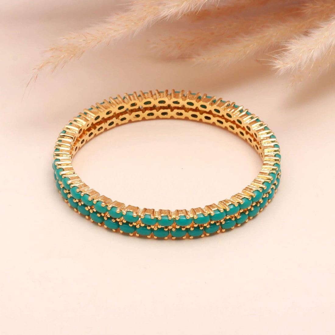 22K Gold Plated Blue Turquoise Pear Shape Bangle | Brass Gemstone Single Line Bangle | South Indian Wedding Jewelry | Bridal Bangle — 2