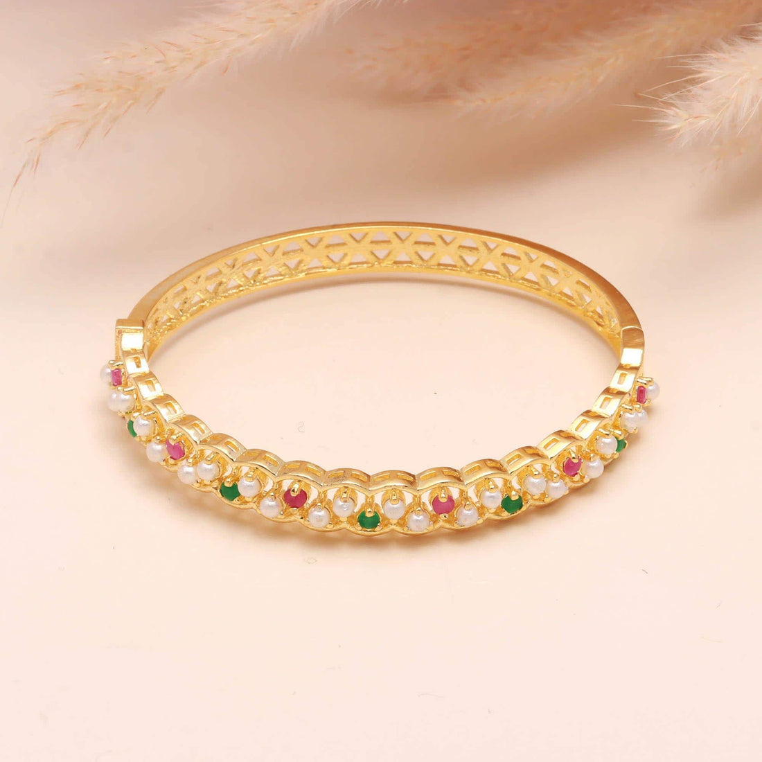 22K Gold Plated Adjustable Multi-Stone Bracelet | Openable Brass Kada with Emerald Ruby Pearl |Festive Bridal Bracelet | Adjustable Bracelet — 2