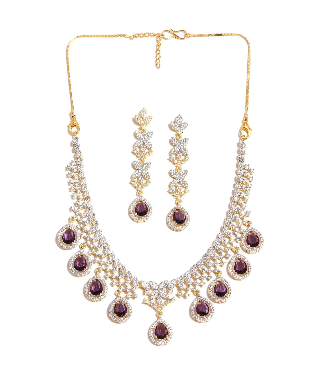 Premium 22K Gold Plated Pear African Amethyst Necklace Set | CZ Teardrop Bridal Statement Jewelry | Gift For Her | Queen Necklace — 4