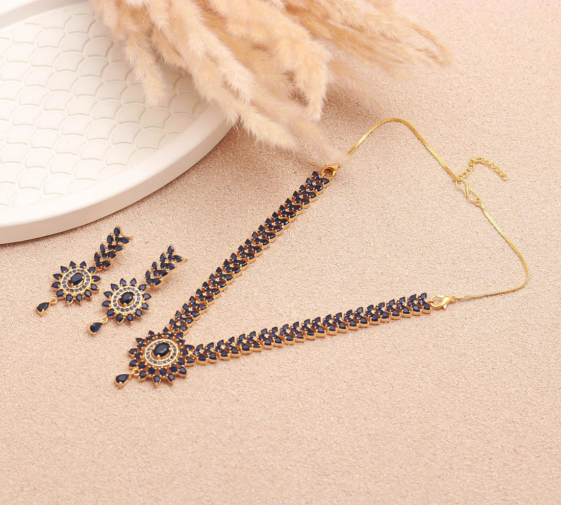 Blue Sapphire Pendant Style Gemstone Necklace Set | 22K Gold Plated Brass Marquise Oval Bridal Wedding Statement Jewelry | Gift For Her — 5