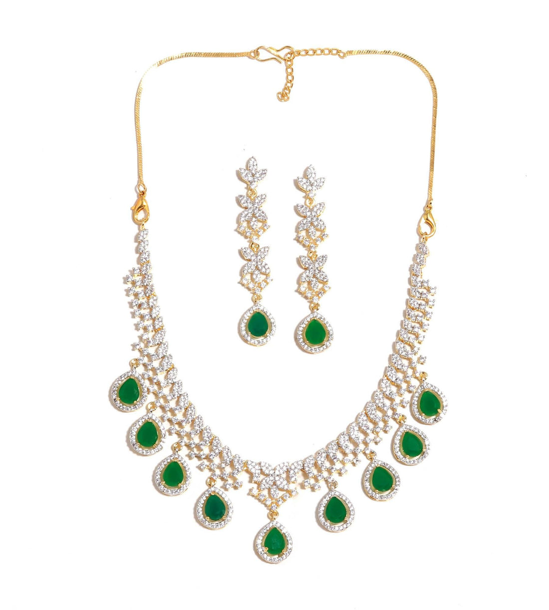 Teardrop Queen Necklace Set | 22K Gold Plated Brass Jewelry | Emerald Green & CZ Bridal Necklace Earrings Set | Indian Wedding Jewelry — 2
