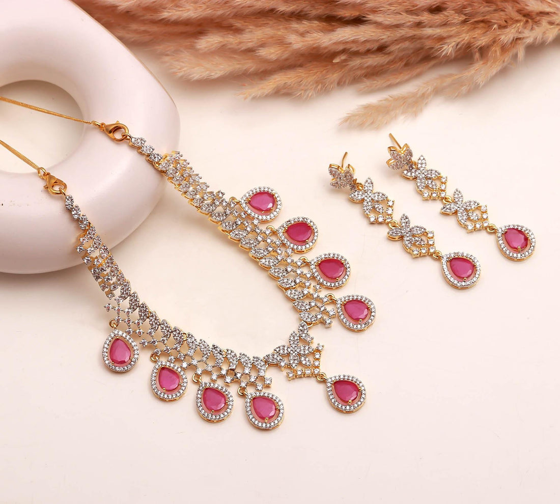 22K Gold Plated Teardrop Queen Ruby Necklace Set | Brass Jewelry | Ruby Red & CZ Bridal Necklace Earrings Set | Indian Wedding Gift — 5