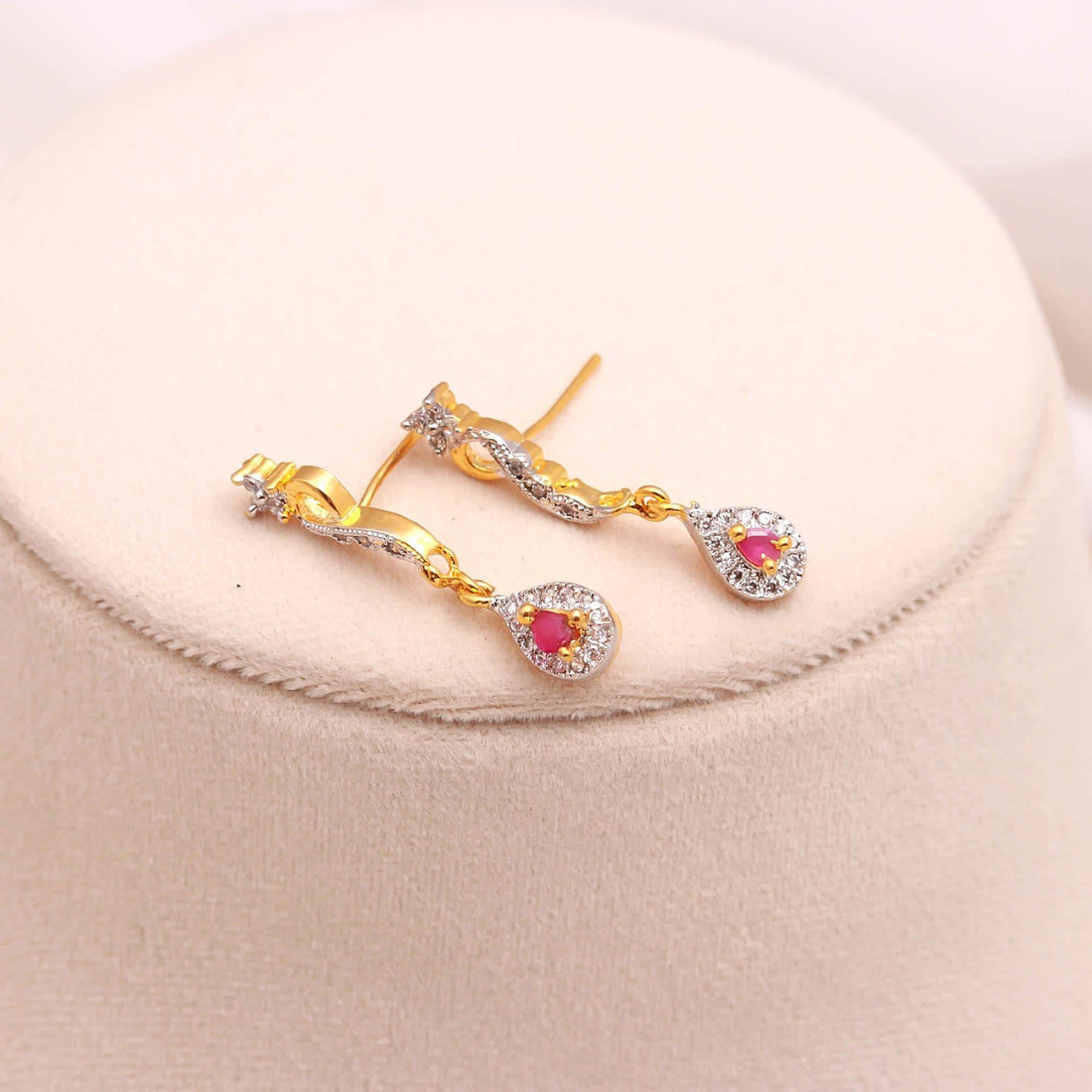 Minimal Ruby CZ Necklace Set | 22K Gold Plated Brass Diamond Necklace | Bridal Wedding Jewelry | Elegant Party Wear Necklace | Gift for Her — 4