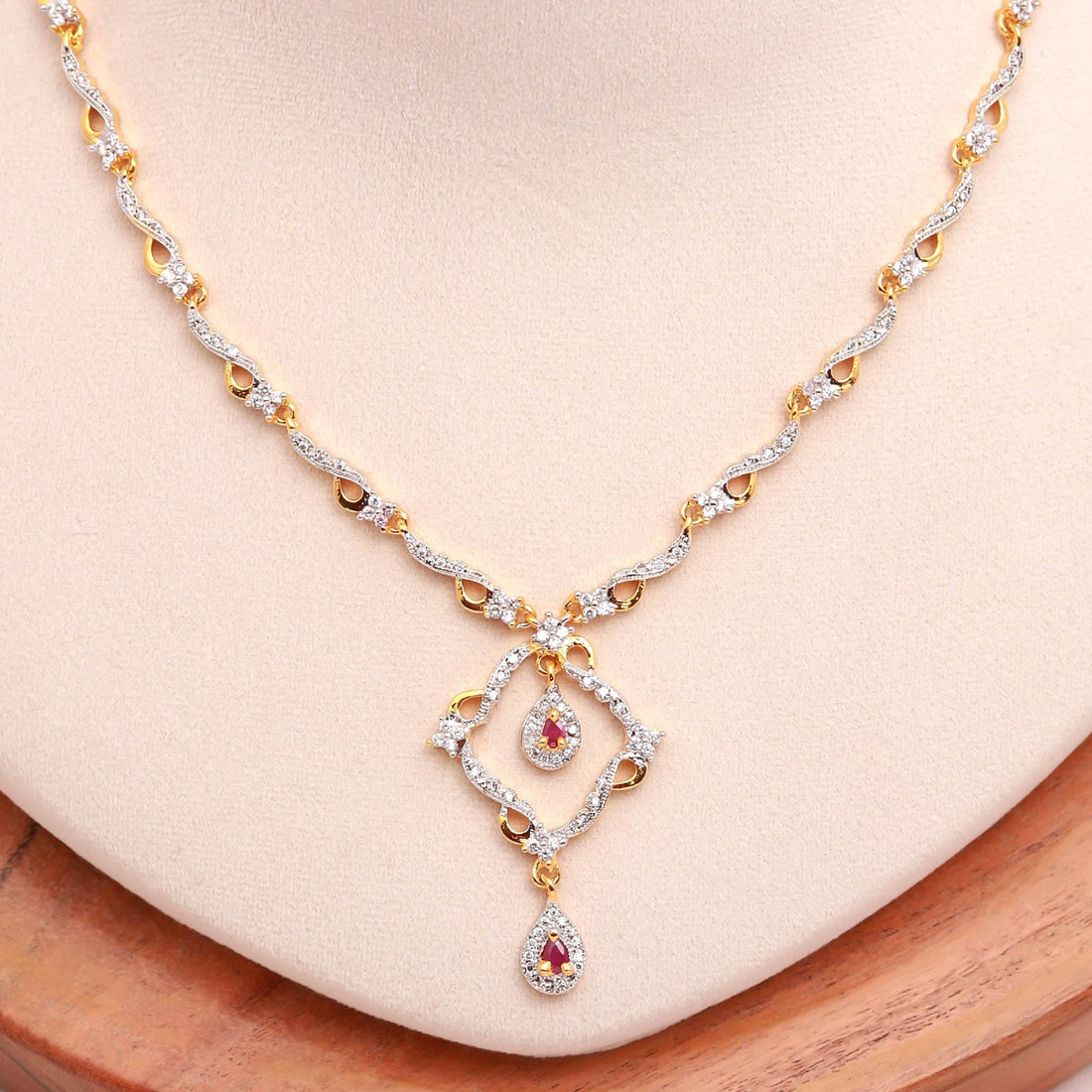 Minimal Ruby CZ Necklace Set | 22K Gold Plated Brass Diamond Necklace | Bridal Wedding Jewelry | Elegant Party Wear Necklace | Gift for Her — 3