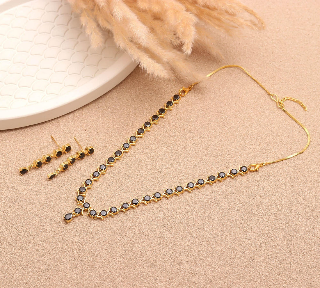 Classic Minimal Black Onyx Necklace Set | 22K Gold Plated Brass Round Gemstone Bridal Wedding Jewelry | Party Wear Jewelry | Gift for Her — 5