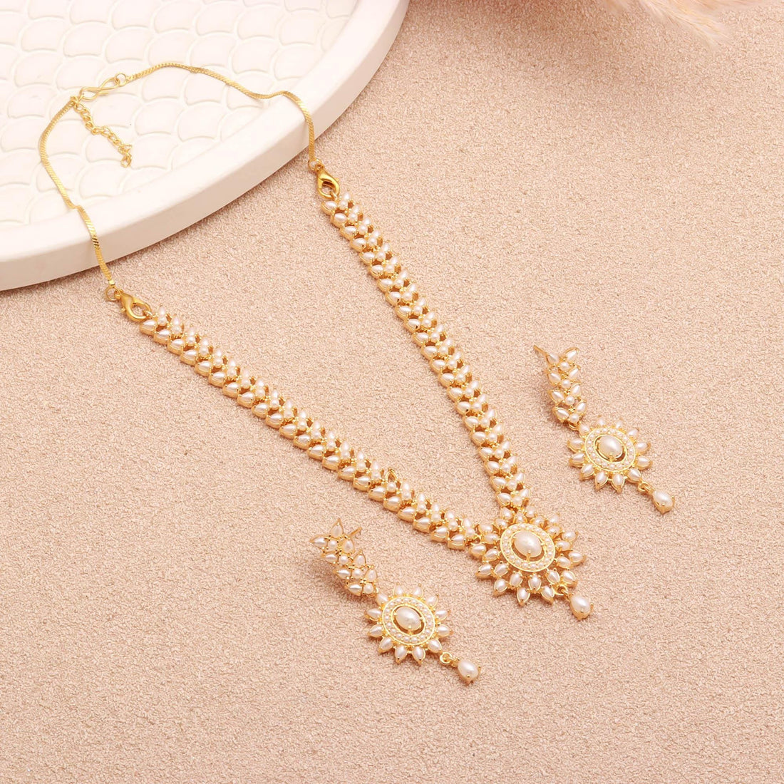 Pearl Pendant Style Gemstone Necklace Set | 22K Gold Plated Brass Marquise Oval Bridal Jewelry | Wedding Statement | Gift for Her — 4