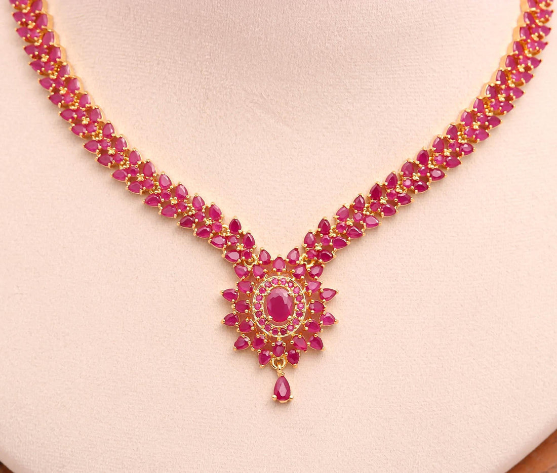 Ruby Pendant Style Gemstone Necklace Set | 22K Gold Plated Brass Marquise Oval Bridal Wedding Jewelry | Gift For Her — 5
