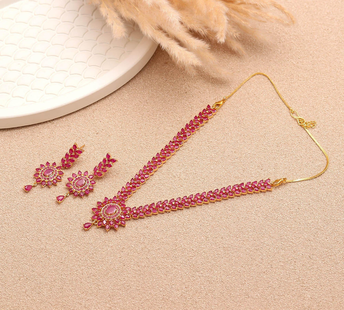Ruby Pendant Style Gemstone Necklace Set | 22K Gold Plated Brass Marquise Oval Bridal Wedding Jewelry | Gift For Her — 2