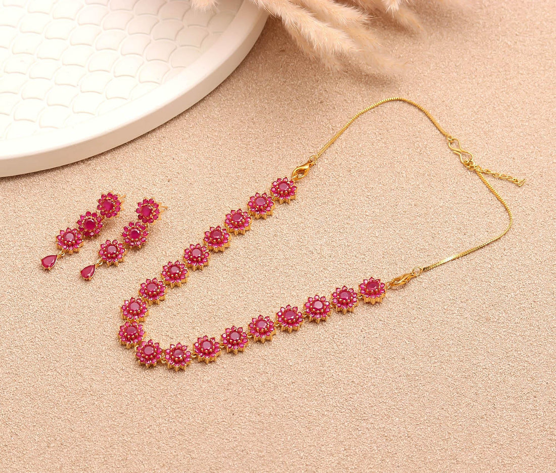 Floral Elegant Ruby Necklace Set | 22K Gold Plated Brass Round Bridal Wedding Traditional Jewelry | Gift For Her — 2