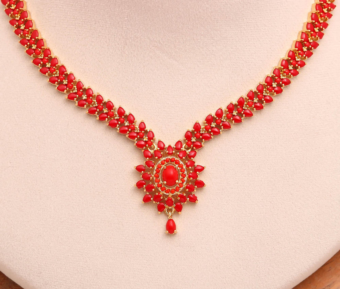 Orange Coral Pendant Style Gemstone Necklace Set | 22K Gold Plated Brass | Marquise Oval Necklace | Bridal Jewelry | Gift for Her — 3
