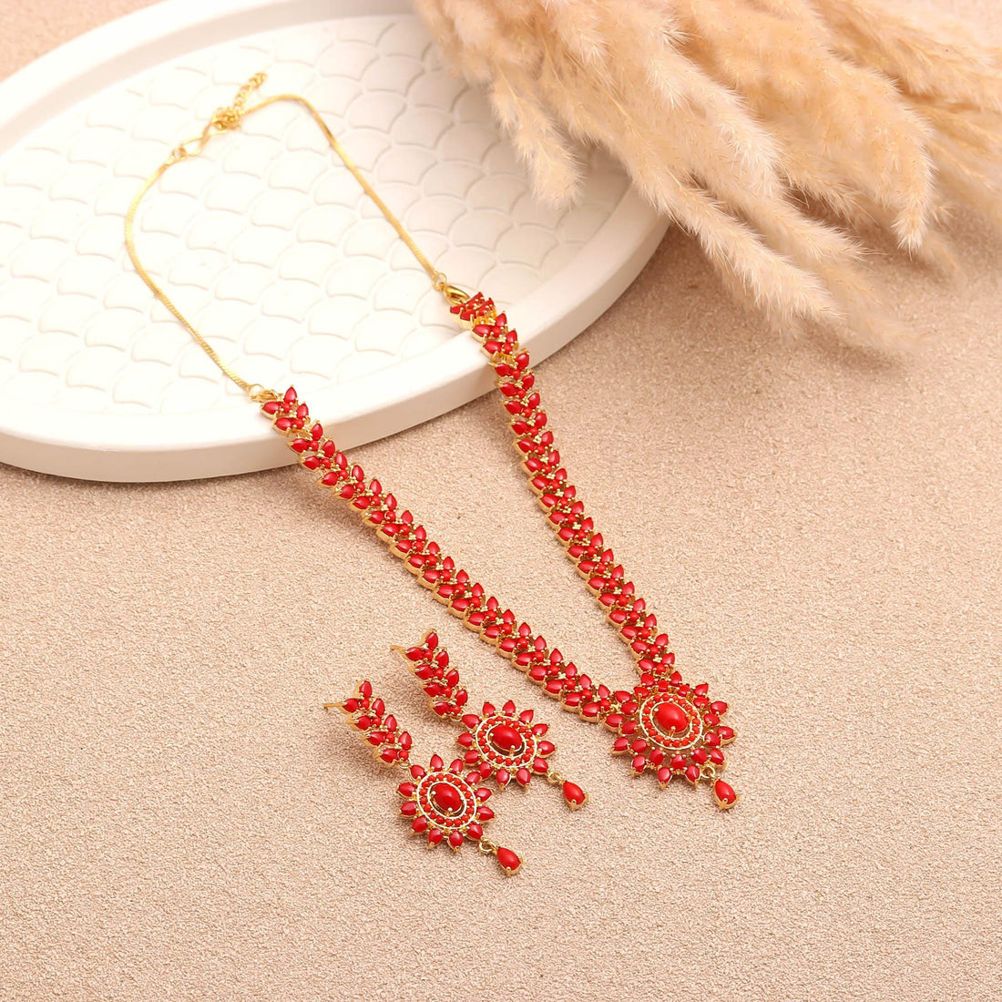 Orange Coral Pendant Style Gemstone Necklace Set | 22K Gold Plated Brass | Marquise Oval Necklace | Bridal Jewelry | Gift for Her — 2