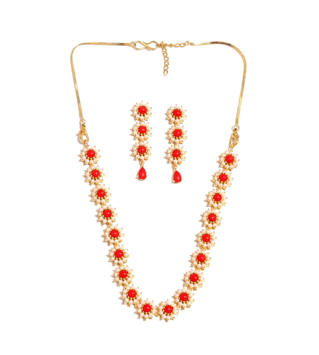 Floral Elegant Coral & Pearl Necklace Set | 22K Gold Plated Brass | Round Stone Bridal Wedding Jewelry | Festive Necklace | Gift for Her — 5