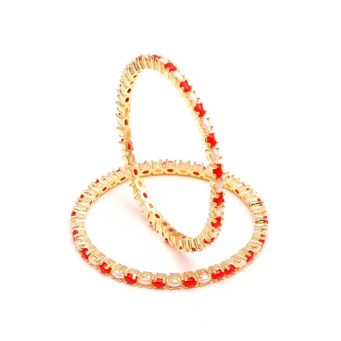22K Gold Plated Brass Single Line Coral Pearl Bangle | Oval Red White Stone Jewelry | Traditional Indian Bridal Festive Wear | Gift For Her — 4