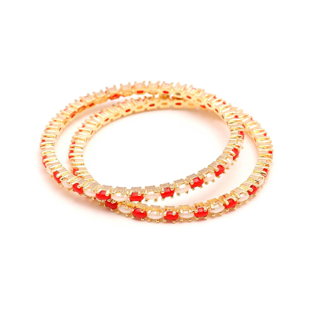 22K Gold Plated Brass Single Line Coral Pearl Bangle | Oval Red White Stone Jewelry | Traditional Indian Bridal Festive Wear | Gift For Her — 3