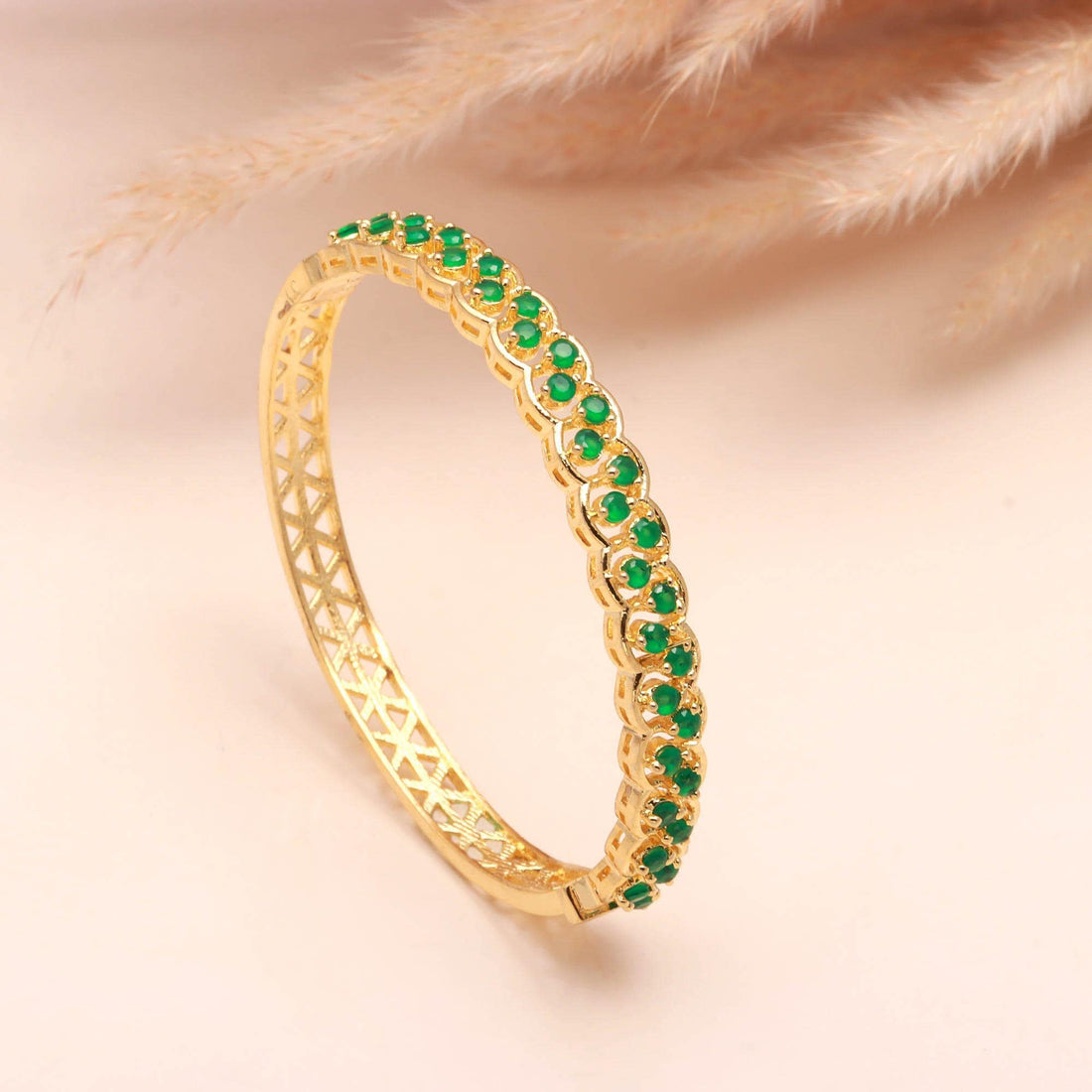 22K Gold Plated Openable Emerald Bracelet | Round Green Emerald Brass Jewelry | Traditional Bridal Wear | Gift for Her | Kada Bangle — 1
