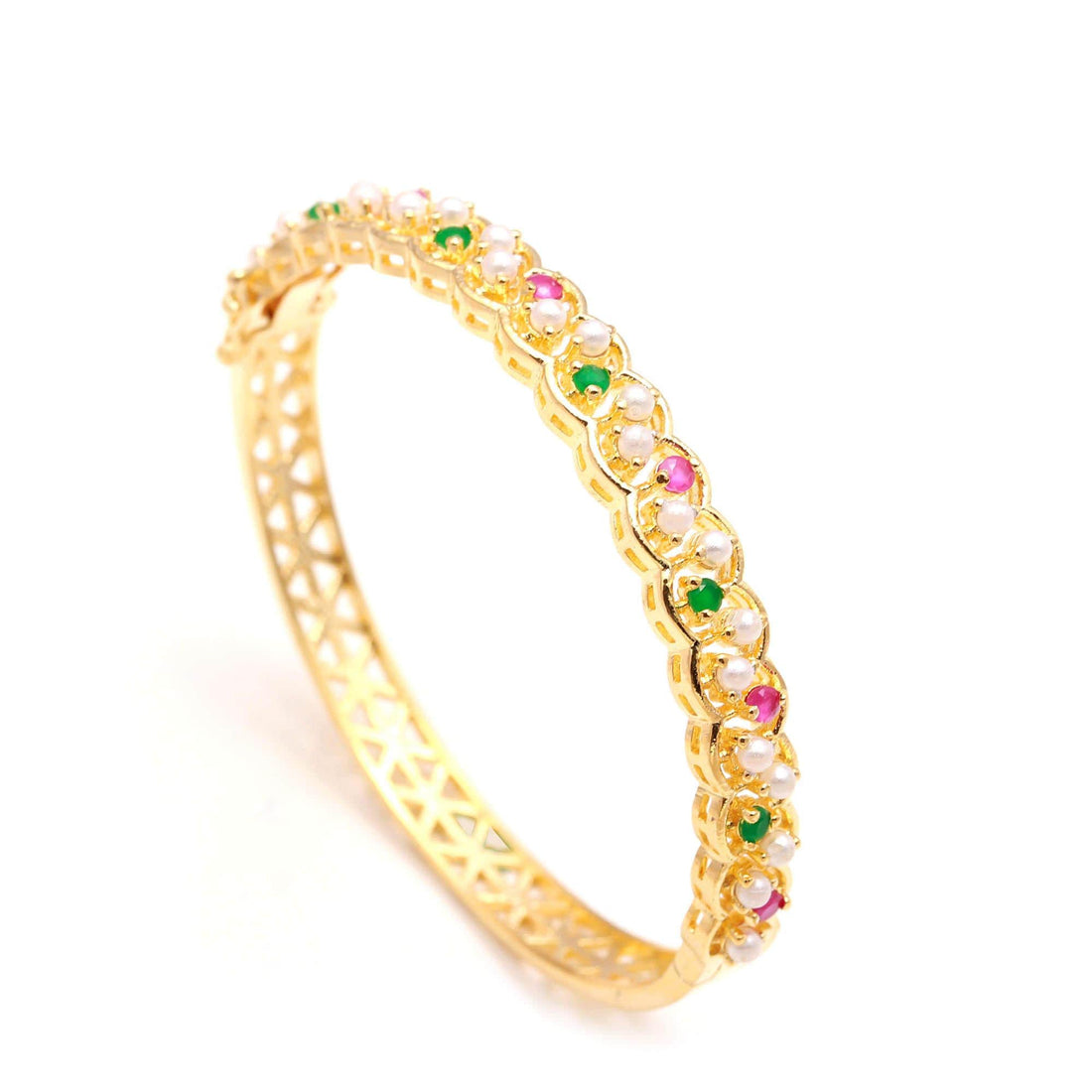 22K Gold Plated Adjustable Multi-Stone Bracelet | Openable Brass Kada with Emerald Ruby Pearl |Festive Bridal Bracelet | Adjustable Bracelet — 3