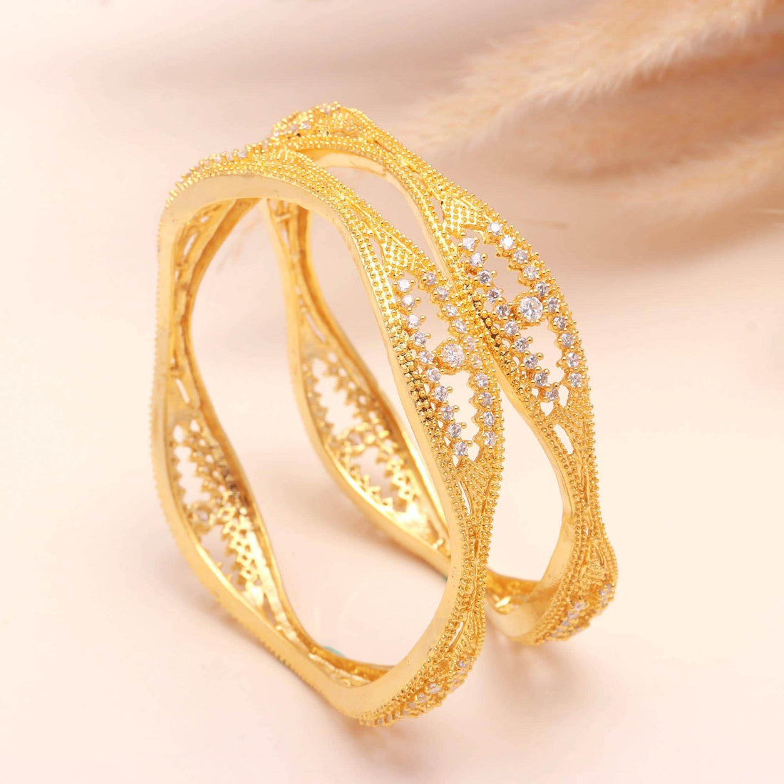 22K Gold Plated Brass Bangle | Zirconia American Diamond Bracelet | Traditional Bridal Jewelry | Ethnic Designer Kada | Gift for Her — 2