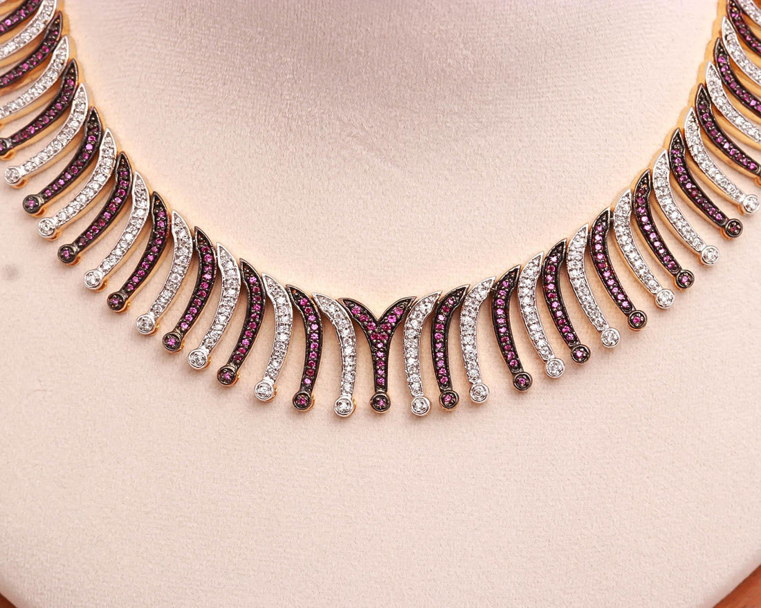 22K Gold Plated CZ & Ruby Necklace Set | Brass Diamond Cut Statement Jewelry | Adjustable Bridal Necklace | Wedding Necklace | Gift For Her — 5
