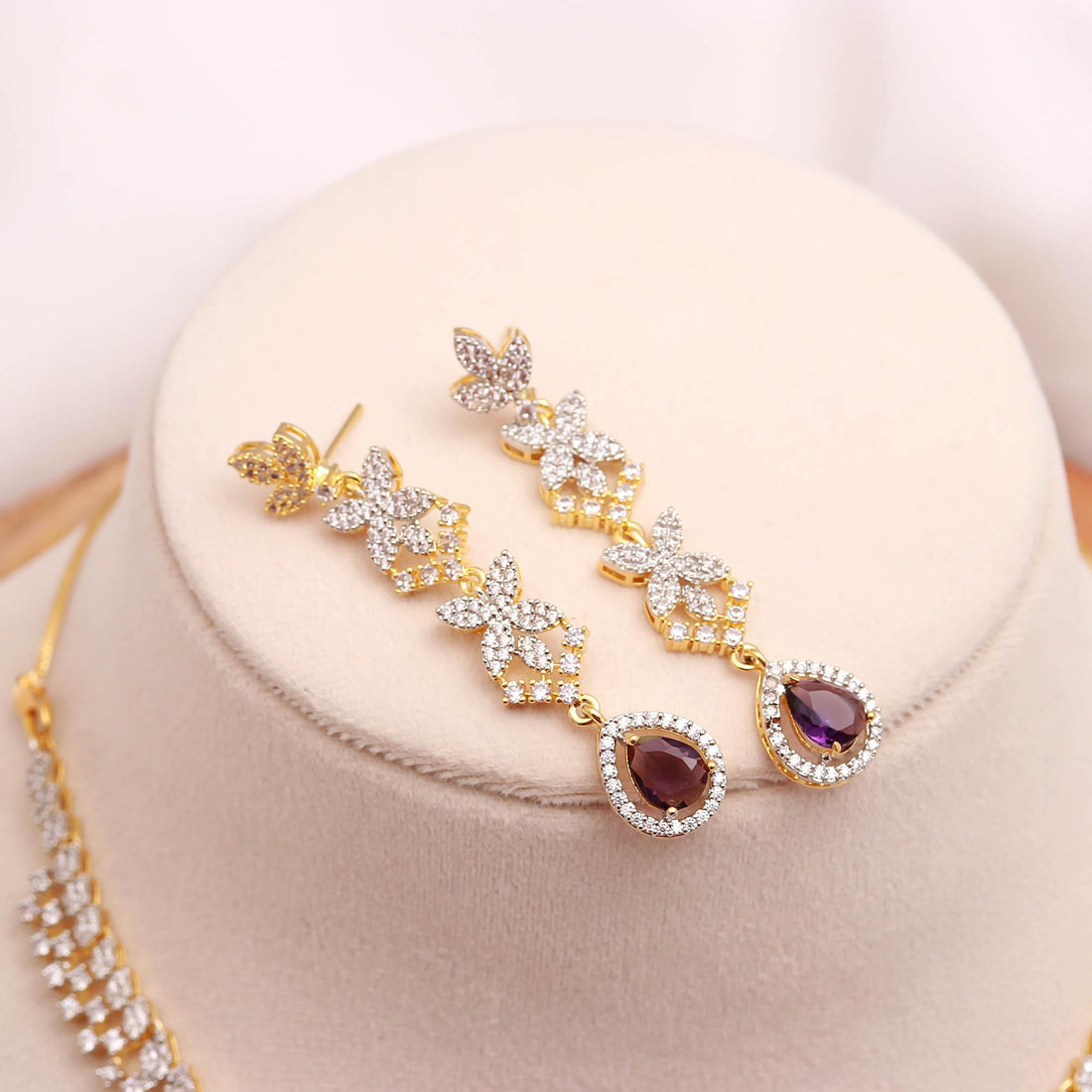 Premium 22K Gold Plated Pear African Amethyst Necklace Set | CZ Teardrop Bridal Statement Jewelry | Gift For Her | Queen Necklace — 6