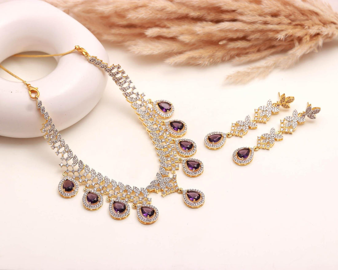 Premium 22K Gold Plated Pear African Amethyst Necklace Set | CZ Teardrop Bridal Statement Jewelry | Gift For Her | Queen Necklace — 7