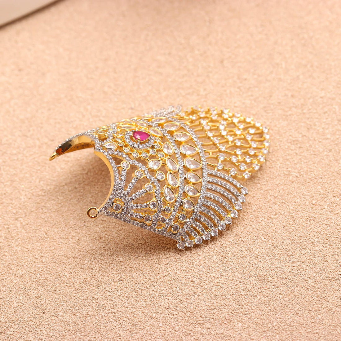 Premium CZ Ruby Mukut For Ladu Gopal |22K Gold Plated Brass Krishna Crown | Round Diamond Look Stone Mukut |Pooja Shringar Temple Decoration — 2