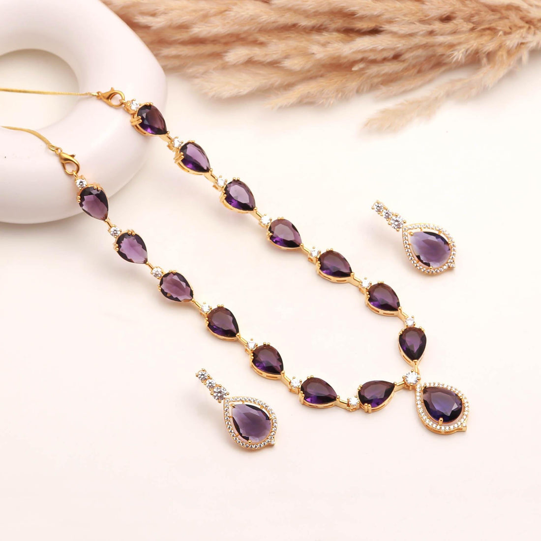 Amethyst Necklace Classic Teardrop African Set | 22K Gold Plated | Wedding Gala party Necklace — 4
