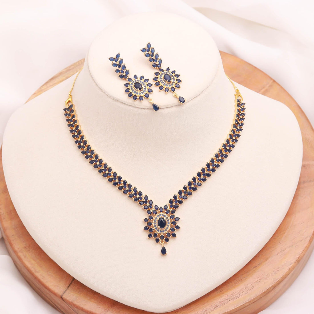 Blue Sapphire Pendant Style Gemstone Necklace Set | 22K Gold Plated Brass Marquise Oval Bridal Wedding Statement Jewelry | Gift For Her — 1