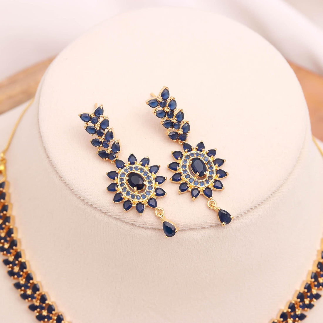 Blue Sapphire Pendant Style Gemstone Necklace Set | 22K Gold Plated Brass Marquise Oval Bridal Wedding Statement Jewelry | Gift For Her — 4