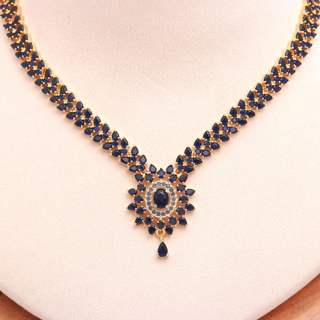 Blue Sapphire Pendant Style Gemstone Necklace Set | 22K Gold Plated Brass Marquise Oval Bridal Wedding Statement Jewelry | Gift For Her — 3