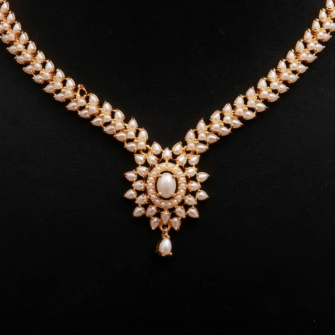 Pearl Pendant Style Gemstone Necklace Set | 22K Gold Plated Brass Marquise Oval Bridal Jewelry | Wedding Statement | Gift for Her — 5