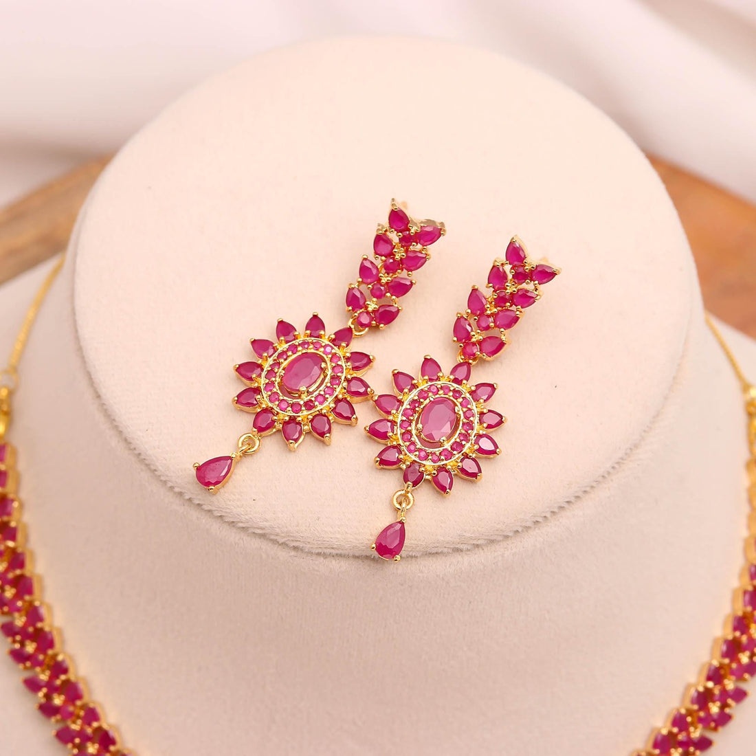 Ruby Pendant Style Gemstone Necklace Set | 22K Gold Plated Brass Marquise Oval Bridal Wedding Jewelry | Gift For Her — 4