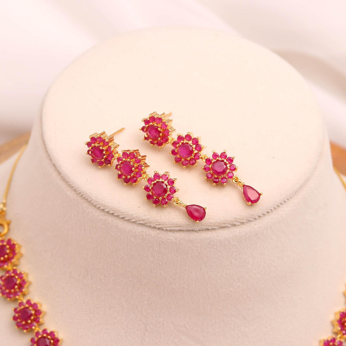 Floral Elegant Ruby Necklace Set | 22K Gold Plated Brass Round Bridal Wedding Traditional Jewelry | Gift For Her — 5
