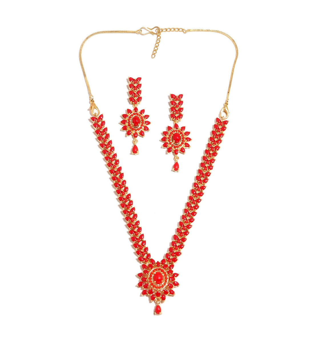Orange Coral Pendant Style Gemstone Necklace Set | 22K Gold Plated Brass | Marquise Oval Necklace | Bridal Jewelry | Gift for Her — 5