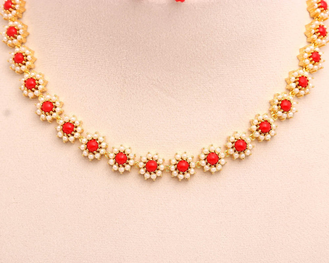 Floral Elegant Coral & Pearl Necklace Set | 22K Gold Plated Brass | Round Stone Bridal Wedding Jewelry | Festive Necklace | Gift for Her — 4
