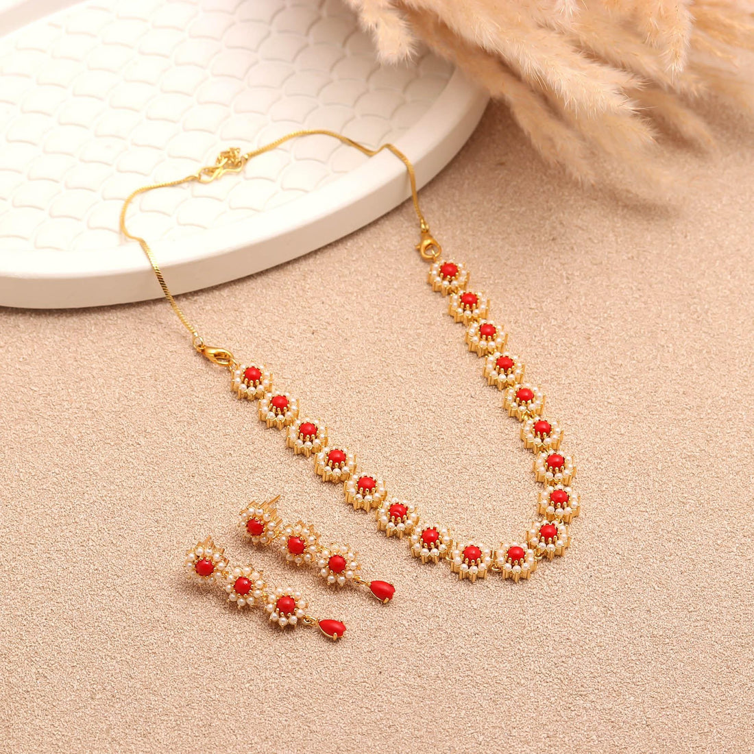 Floral Elegant Coral & Pearl Necklace Set | 22K Gold Plated Brass | Round Stone Bridal Wedding Jewelry | Festive Necklace | Gift for Her — 2