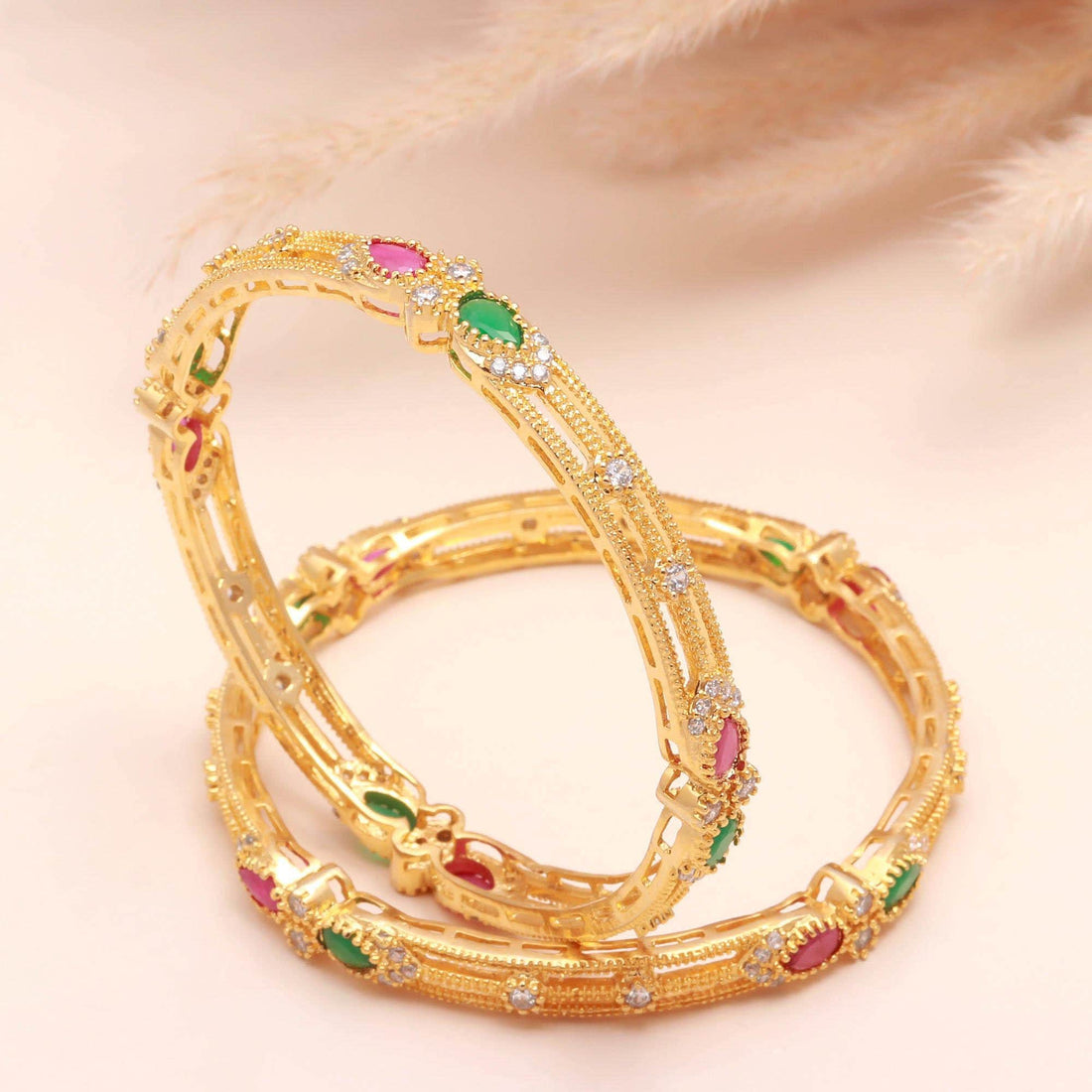 Ruby Emerald Zirconia Gold Plated Bangle | 22K Gold Plated Brass Traditional Indian Bracelet | Bridal Wedding Jewellery | Gift for Her — 2