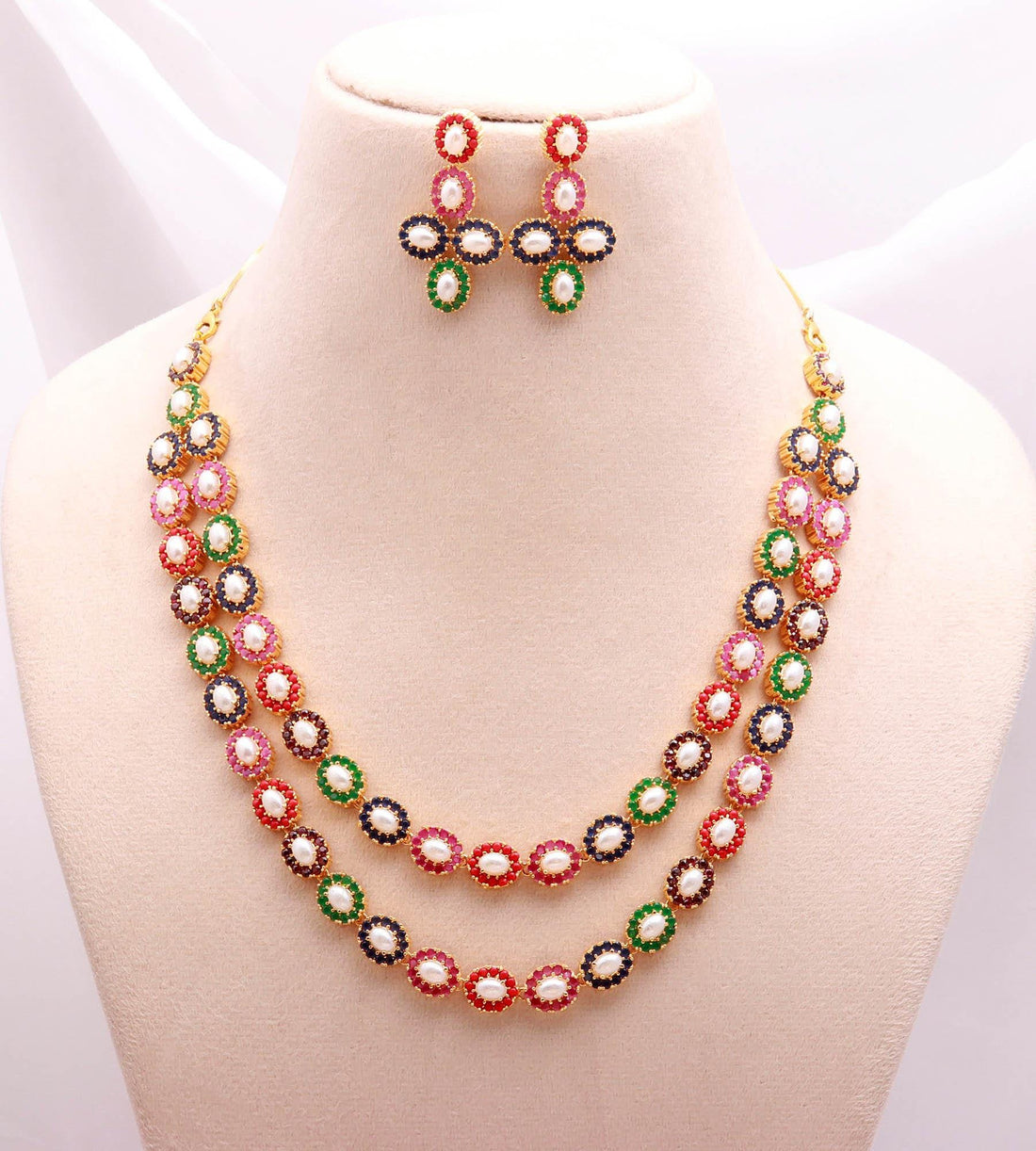 2-Line Multi Gemstone & Pearl Flower Necklace Set | 22K Gold Plated Bridal Wedding Necklace | Traditional Statement Necklace |Gift For Women — 2
