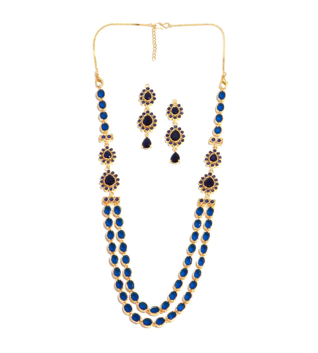2-Line Long Blue Sapphire Oval Necklace Set | 22K Gold Plated Bridal Necklace | Traditional Indian Statement Necklace | Gift For Women — 5